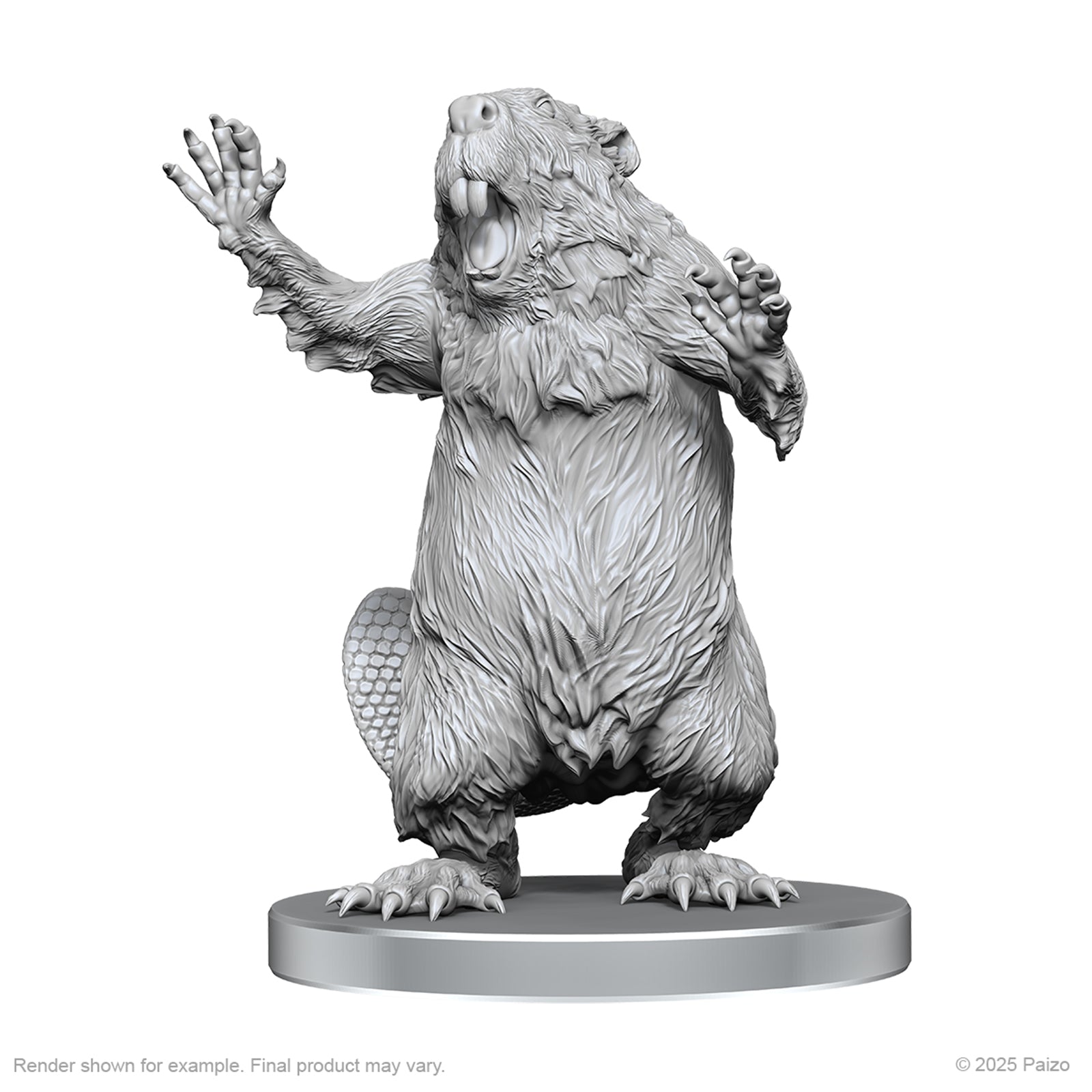 Pathfinder Battles Deep Cuts: Boggard Scout & Castoroides (PREORDER) - Gray unpainted miniature of a standing beaver-like creature with raised arms and detailed fur texture on round base.