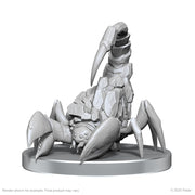 Pathfinder Battles Deep Cuts: Cave Scorpion & Hunting Spider - Gray detailed miniature of a six-legged scorpion with a segmented, curved tail and large pincers on a round base.
