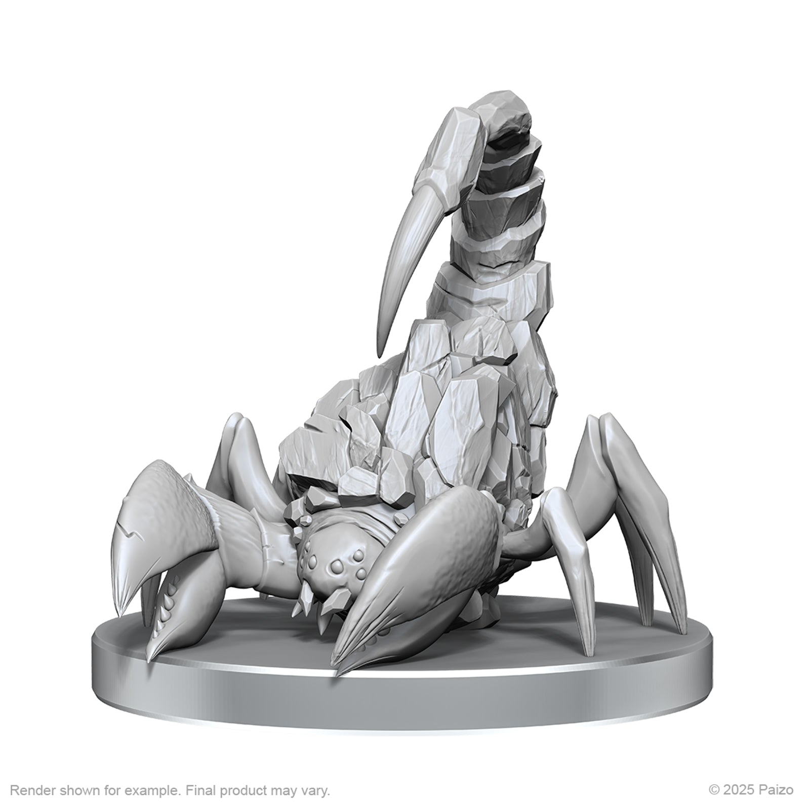 Pathfinder Battles Deep Cuts: Cave Scorpion & Hunting Spider - Gray detailed miniature of a six-legged scorpion with a segmented, curved tail and large pincers on a round base.