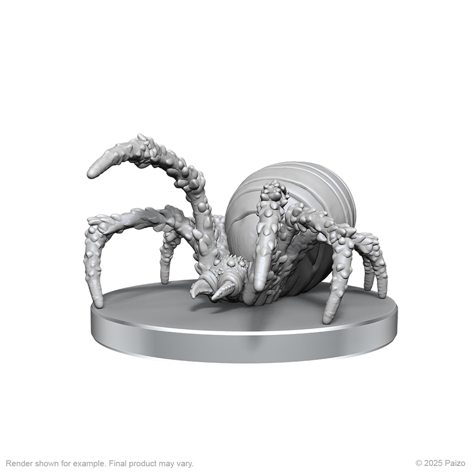 Pathfinder Battles Deep Cuts: Cave Scorpion & Hunting Spider - Gray unpainted miniature of a detailed spider with eight legs on a round base.
