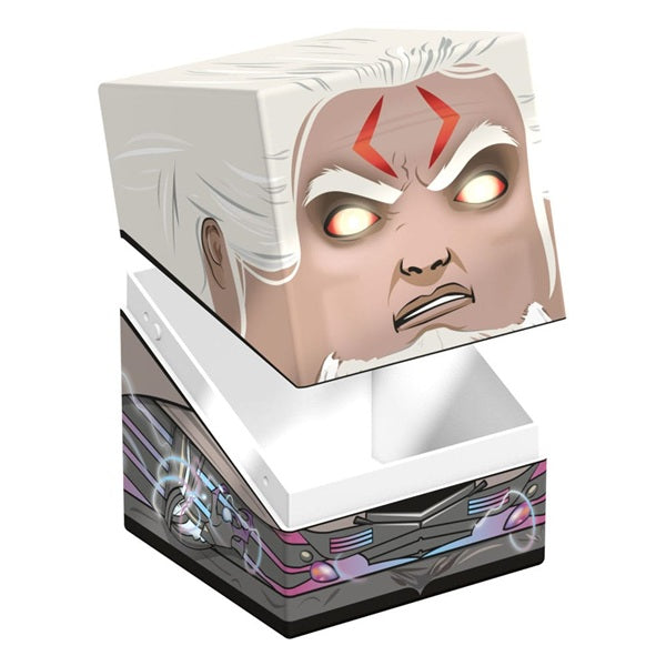 Squaroes Boulder 100+: Magic the Gathering: Edge of Eternities: Tezzeret - White and gray rectangular deck box featuring a stylized face with glowing white eyes and red markings, lifting open to.