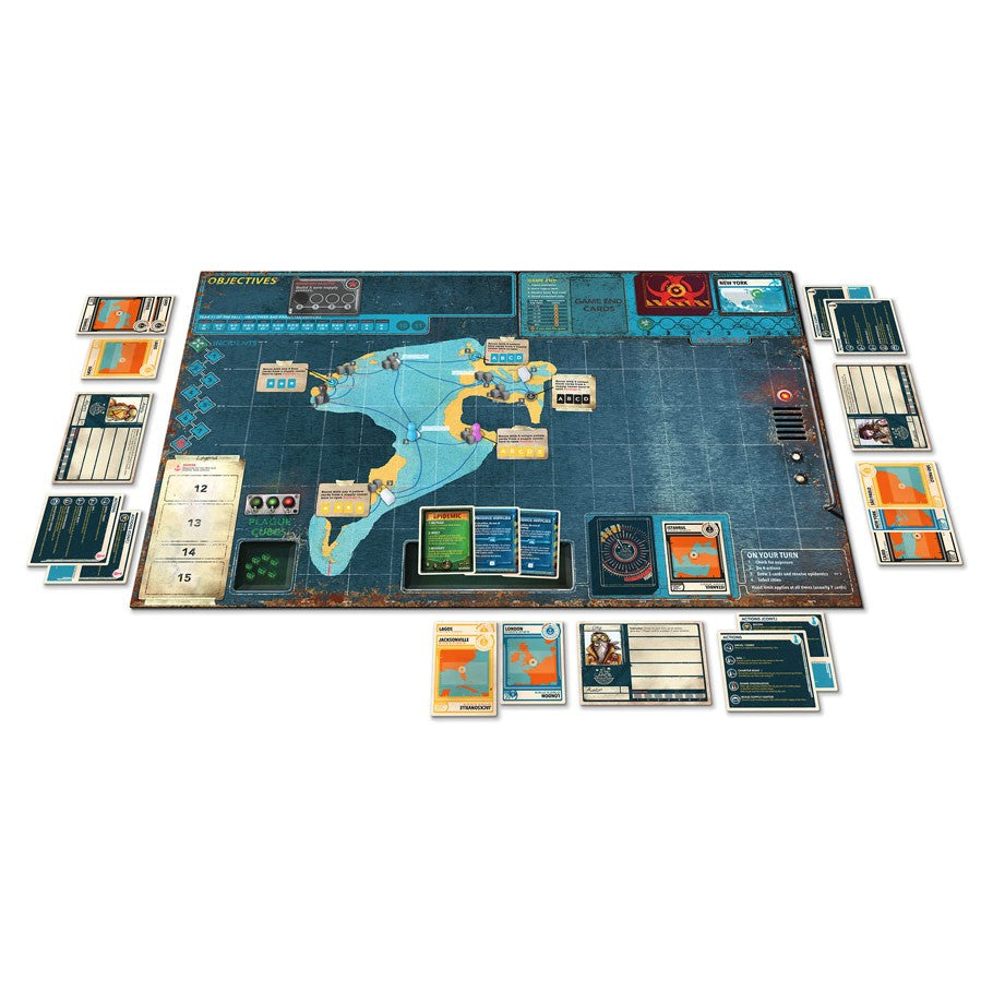 Pandemic: Legacy Season 2 (Black Ed) - Board game setup featuring a world map with blue, yellow, and green regions, multiple cards, tokens, and player boards.
