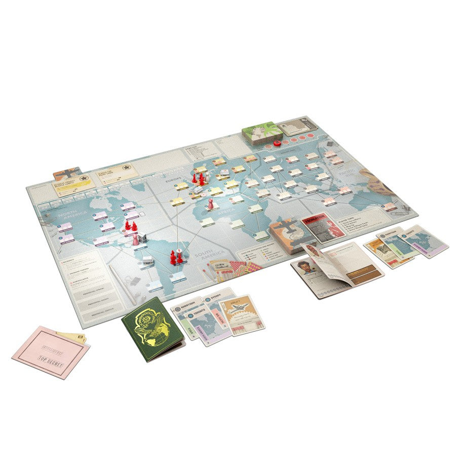Pandemic Legacy Season 0 - Board game setup with a detailed world map, red and white player pieces, cards, and booklets on a white background.