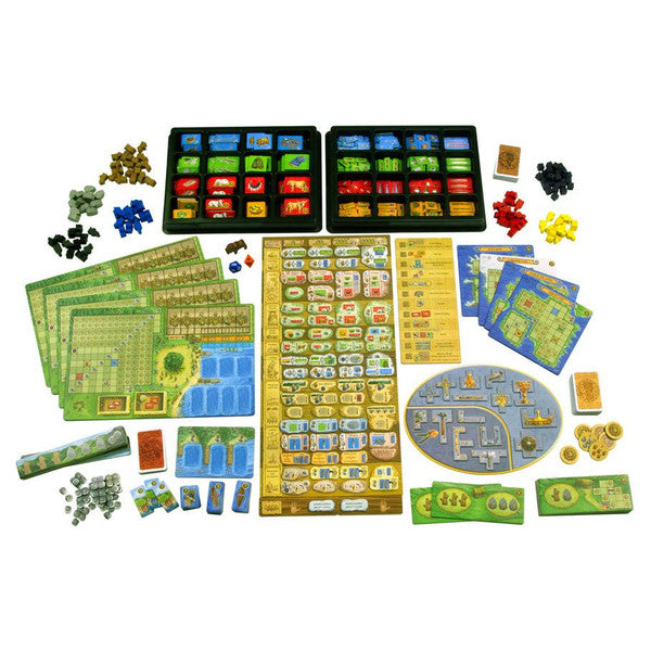 A Feast for Odin - Board game set with colorful tokens, detailed game boards, resource cards, and wooden pieces for strategic play.