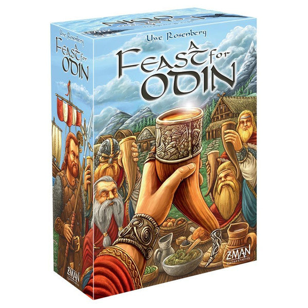 A Feast for Odin - Colorful board game box featuring Viking warriors raising drinks with mountains in the background.
