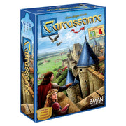 Carcassonne - Carcassonne board game box with medieval castle and two characters on blue background.