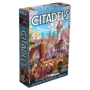 Citadels Revised Edition - Box of Citadels board game featuring colorful fantasy cityscape with medieval towers and characters on the cover.