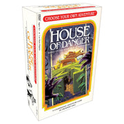 CYOA: House of Danger - House of Danger card game box with spooky mansion and shadowy hands illustration, white and red design.