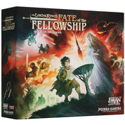 The Lord of the Rings: Fate of the Fellowship - Dark fantasy-themed board game box with Tolkien characters, fiery background, and glowing title text.