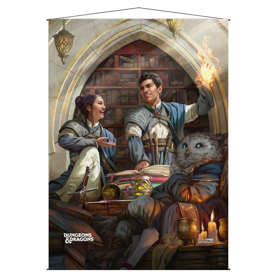 Wall Scroll: D&D: Strixhaven: Curriculum - Fantasy wall scroll featuring two adventurers and an owl familiar in a cozy, arcane library setting with candles and.