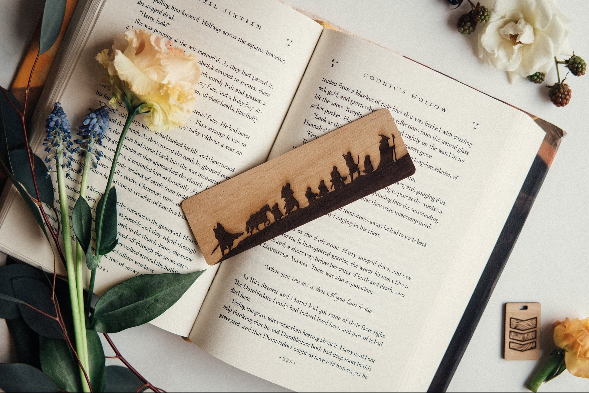 Tolkien Fellowship Wooden Bookmark - Wooden bookmark featuring Tolkien Fellowship silhouette with characters and ring detail.