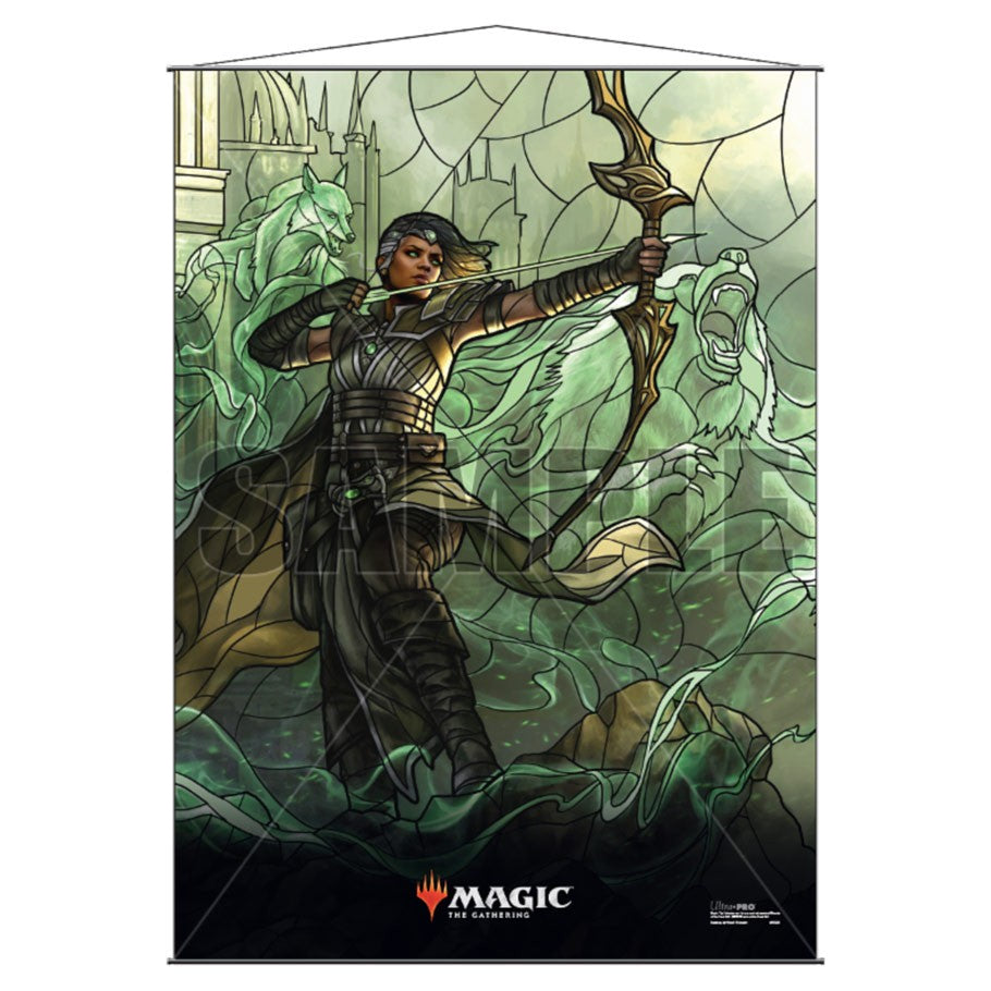 Wall Scroll: Magic the Gathering: Stained Glass Vivien - Wall scroll featuring stained glass-style artwork of a female archer in armor aiming a bow surrounded by green mystical.