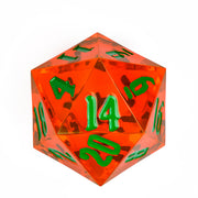 Giant 55mm D20 - Orange - Giant orange acrylic d20 dice with large green numbers, 55mm size.