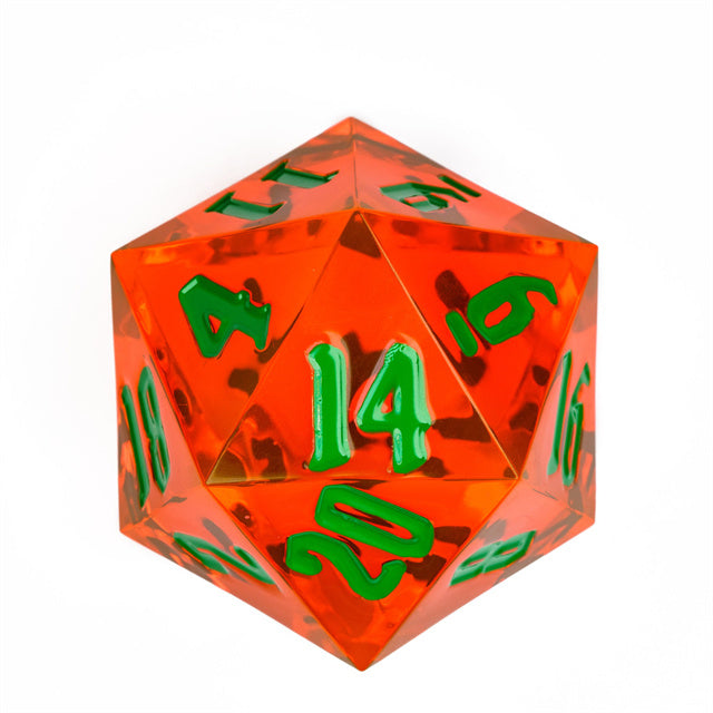 Giant 55mm D20 - Orange - Giant orange acrylic d20 dice with large green numbers, 55mm size.