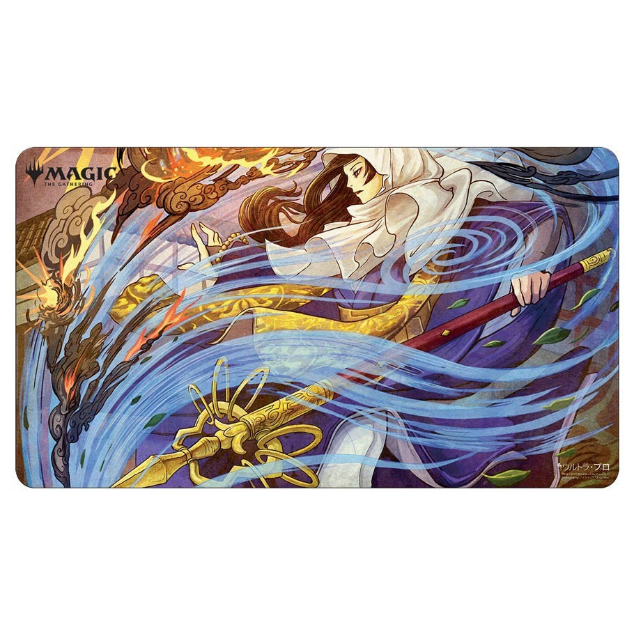 Playmat: JPN: MtG: Mystical Whirlwind - Playmat featuring mystical whirlwind with flowing blue and purple magical ribbons around a hooded figure wielding a staff,.