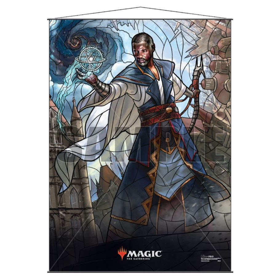 Wall Scroll: Magic the Gathering : Stained Glass Teferi - Wall scroll featuring Magic the Gathering's Teferi in stained glass art style with mystical blue and gold robes.