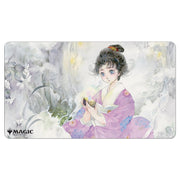 Playmat: JPN: MtG: Mystical Gift - Colorful playmat featuring an anime-style girl in traditional pink kimono holding a glowing gift against a misty floral.