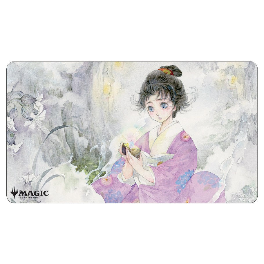 Playmat: JPN: MtG: Mystical Gift - Colorful playmat featuring an anime-style girl in traditional pink kimono holding a glowing gift against a misty floral.