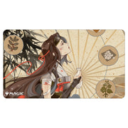 Playmat: JPN: MtG: Mystical Revitalize - Playmat featuring anime-style character with long brown hair and red ribbons, holding a bottle, surrounded by botanical.