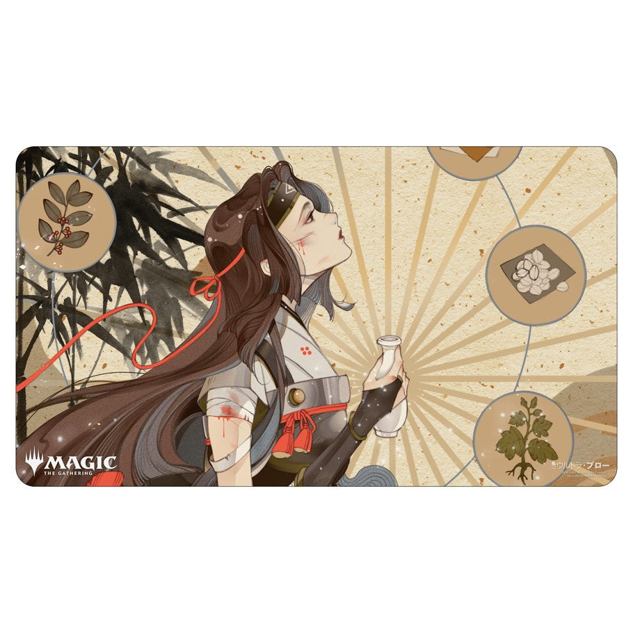 Playmat: JPN: MtG: Mystical Revitalize - Playmat featuring anime-style character with long brown hair and red ribbons, holding a bottle, surrounded by botanical.