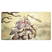 Playmat: JPN:MtG: Mystical Gods Willing - Fantasy warrior clad in white and red armor holding a spear, glowing sun behind, with stylized tree branches and falling.
