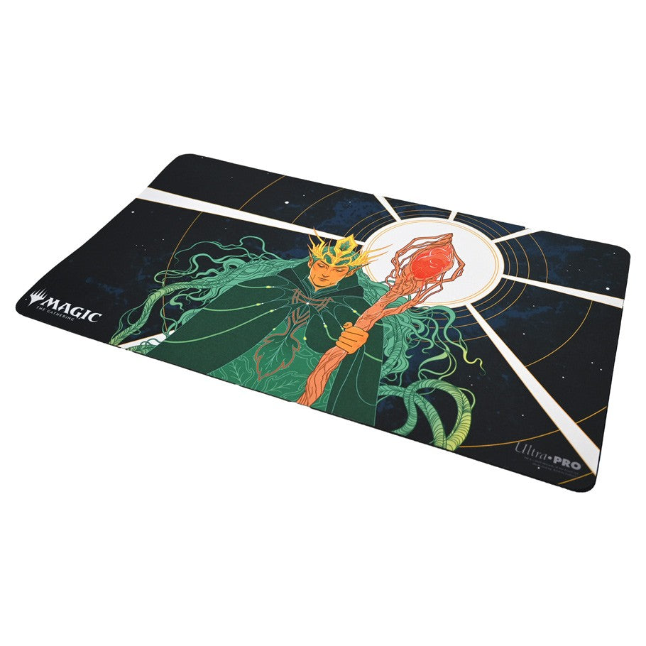 Playmat: MtG: Mystical Channel - Playmat featuring a crowned wizard in green robes holding a glowing red staff against a black background with circular.