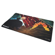 Playmat: MtG: Mystical Stone Rain - The Gathering playmat featuring a dark silhouette, mystical fiery red rain, and stylized golden flames on a black background.
