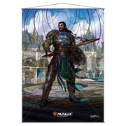 Wall Scroll: Magic the Gathering: Stained Glass Gideon - Stained glass style wall scroll featuring armored warrior Gideon holding a spear with a fantasy city backdrop and blue sky.