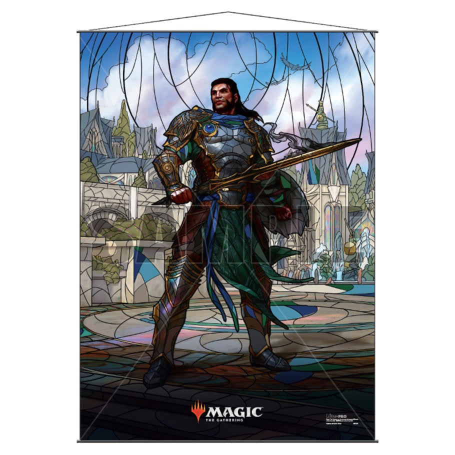 Wall Scroll: Magic the Gathering: Stained Glass Gideon - Stained glass style wall scroll featuring armored warrior Gideon holding a spear with a fantasy city backdrop and blue sky.