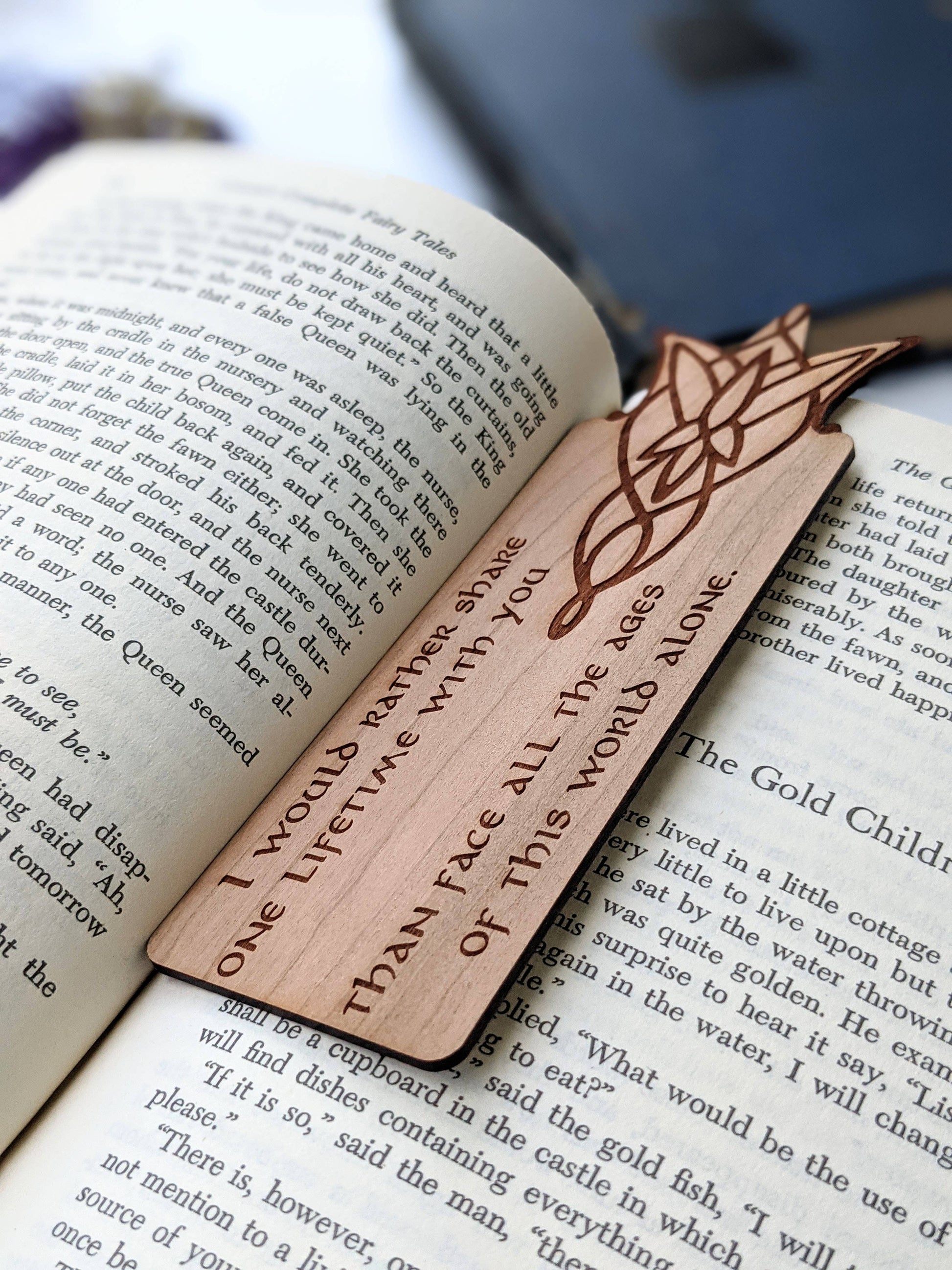 Tolkien Arwen's Evenstar Bookmark - Wooden bookmark with intricate Elvish-inspired design and "One Ring to rule them all" inscription.