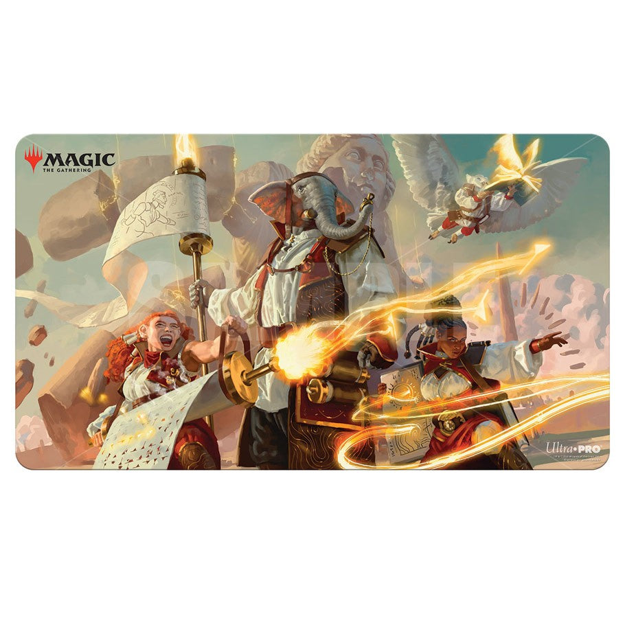 Playmat: Magic The Gathering: Strixhaven V4 - Magic The Gathering Strixhaven playmat featuring wizards casting fiery spells with magical creatures.