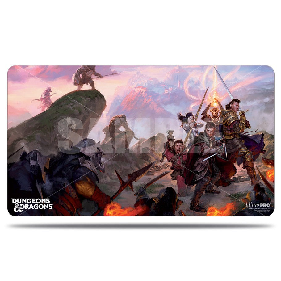 Playmat: Dungeons & Dragons: Sword Coast Adventure Guide - Fantasy battle scene playmat featuring Dungeons & Dragons Sword Coast heroes and creatures against a colorful sky backdrop.