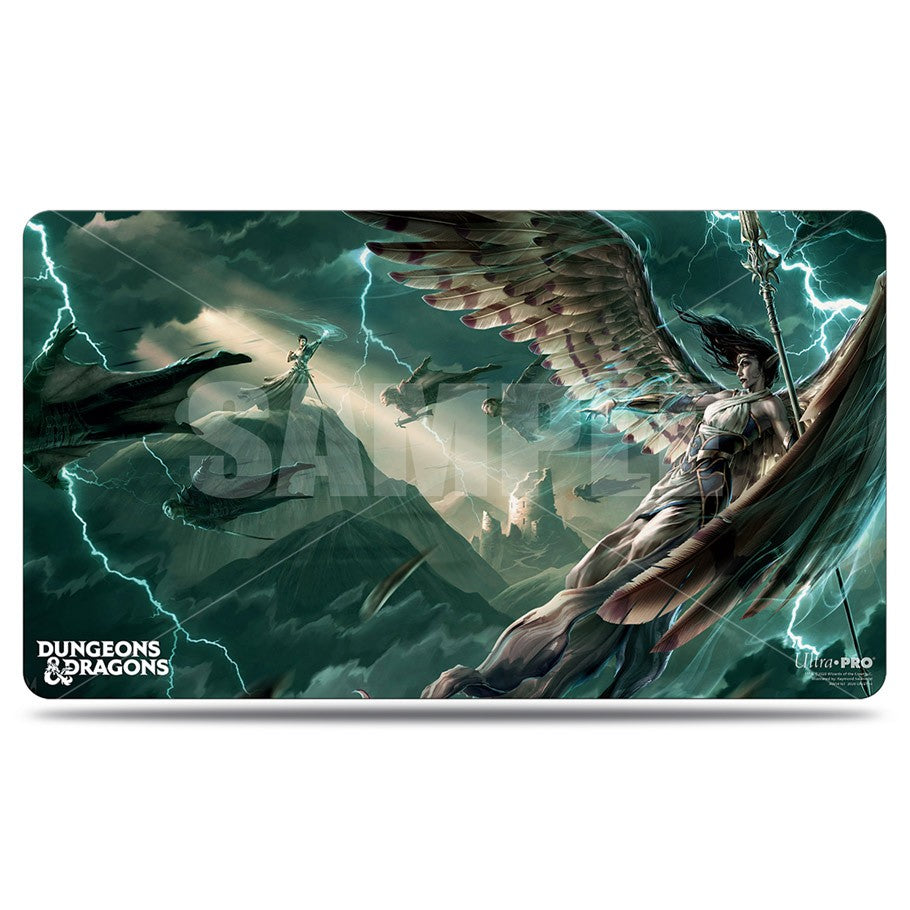 Playmat: Dungeons & Dragons: Princes of the Apocalypse - Fantasy battle scene playmat with winged warrior, dark clouds, and lightning bolts.