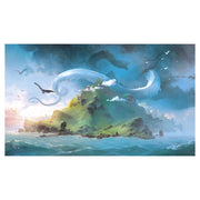 Playmat: Lands Islands - Vibrant playmat featuring a lush green island with rocky cliffs surrounded by ocean under a cloudy sky with flying birds and .