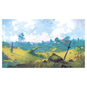 Playmat: Lands Plains - Vivid fantasy landscape with rolling green plains, distant rocky formations, and a clear blue sky with scattered clouds and.