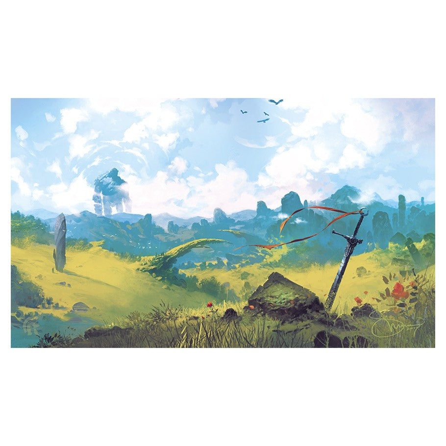 Playmat: Lands Plains - Vivid fantasy landscape with rolling green plains, distant rocky formations, and a clear blue sky with scattered clouds and.