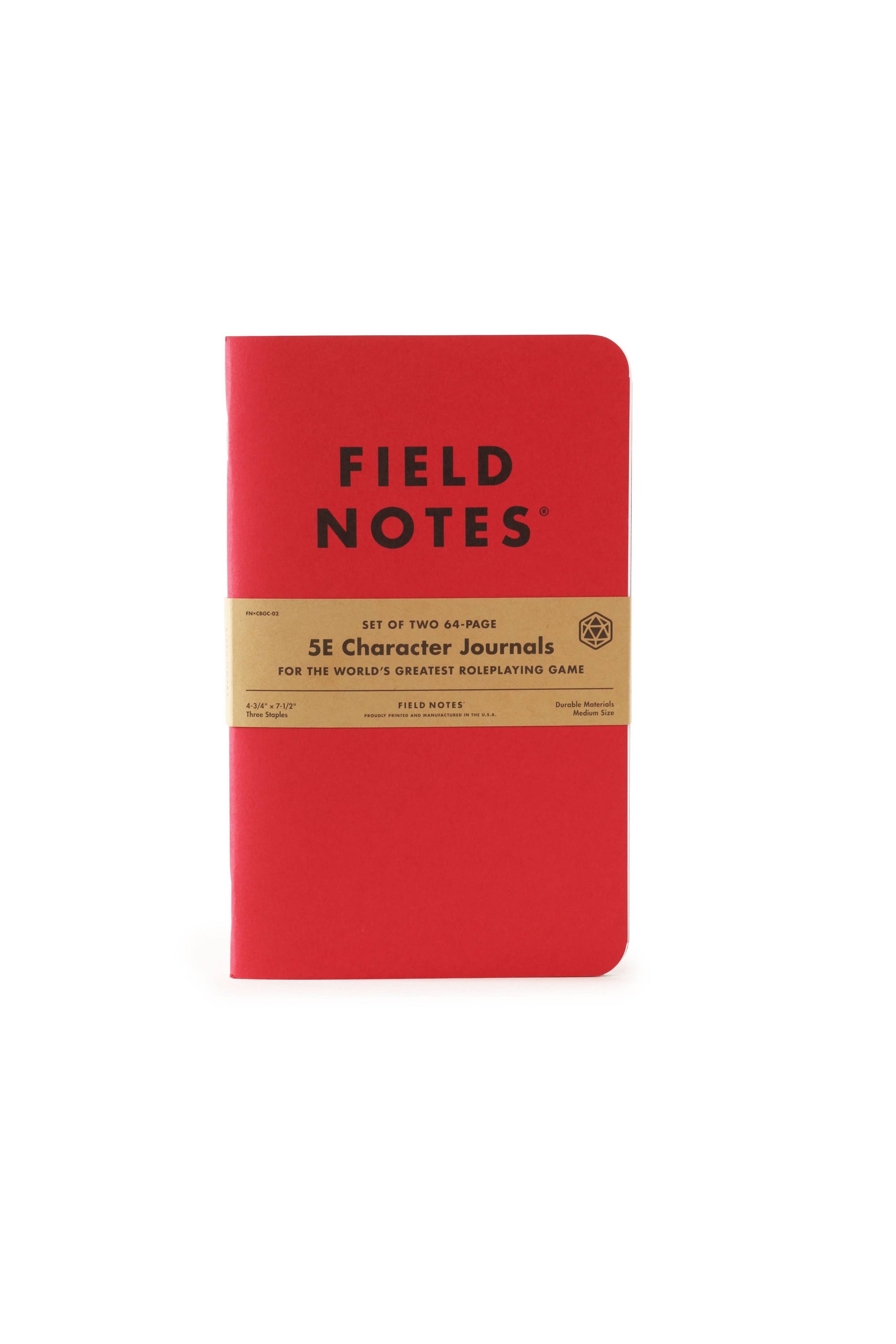 5E Character Journals - Red hardcover 5E Character Journal with "FIELD NOTES" in black and a brown paper band around the middle.