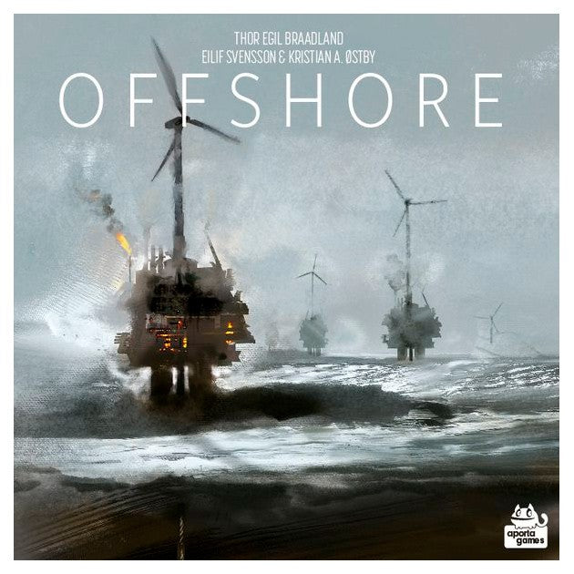 Offshore - Offshore oil rigs with wind turbines amid rough sea under cloudy sky.