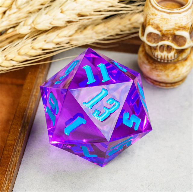 Giant 55mm D20 - Purple With Blue Numbers - Giant 55mm purple acrylic 20-sided die with bold blue numbers, translucent and glossy surface.