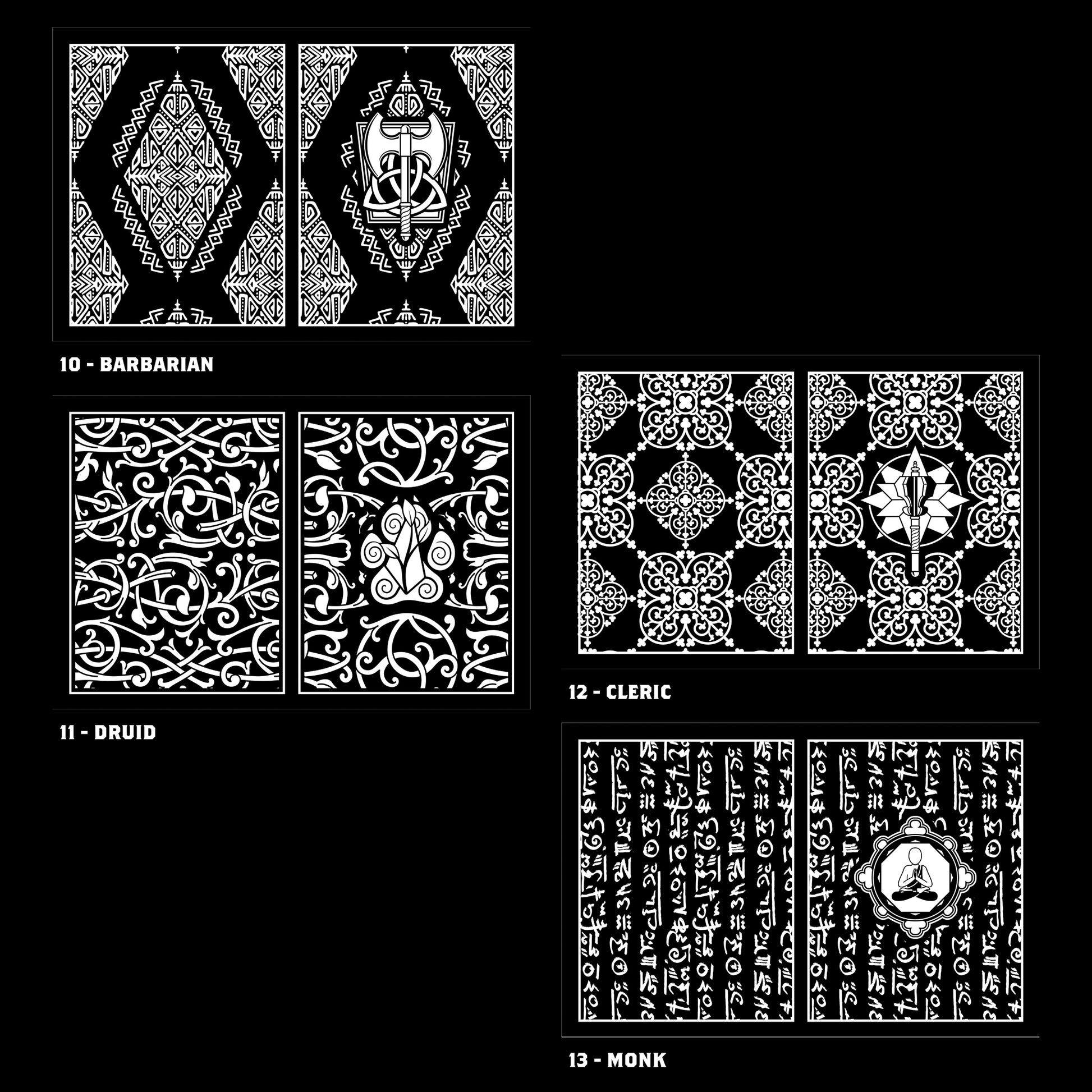 Class Cover 5E Character Journals - Set of four black and white character journals with intricate fantasy patterns labeled Barbarian, Druid, Cleric, and Monk.