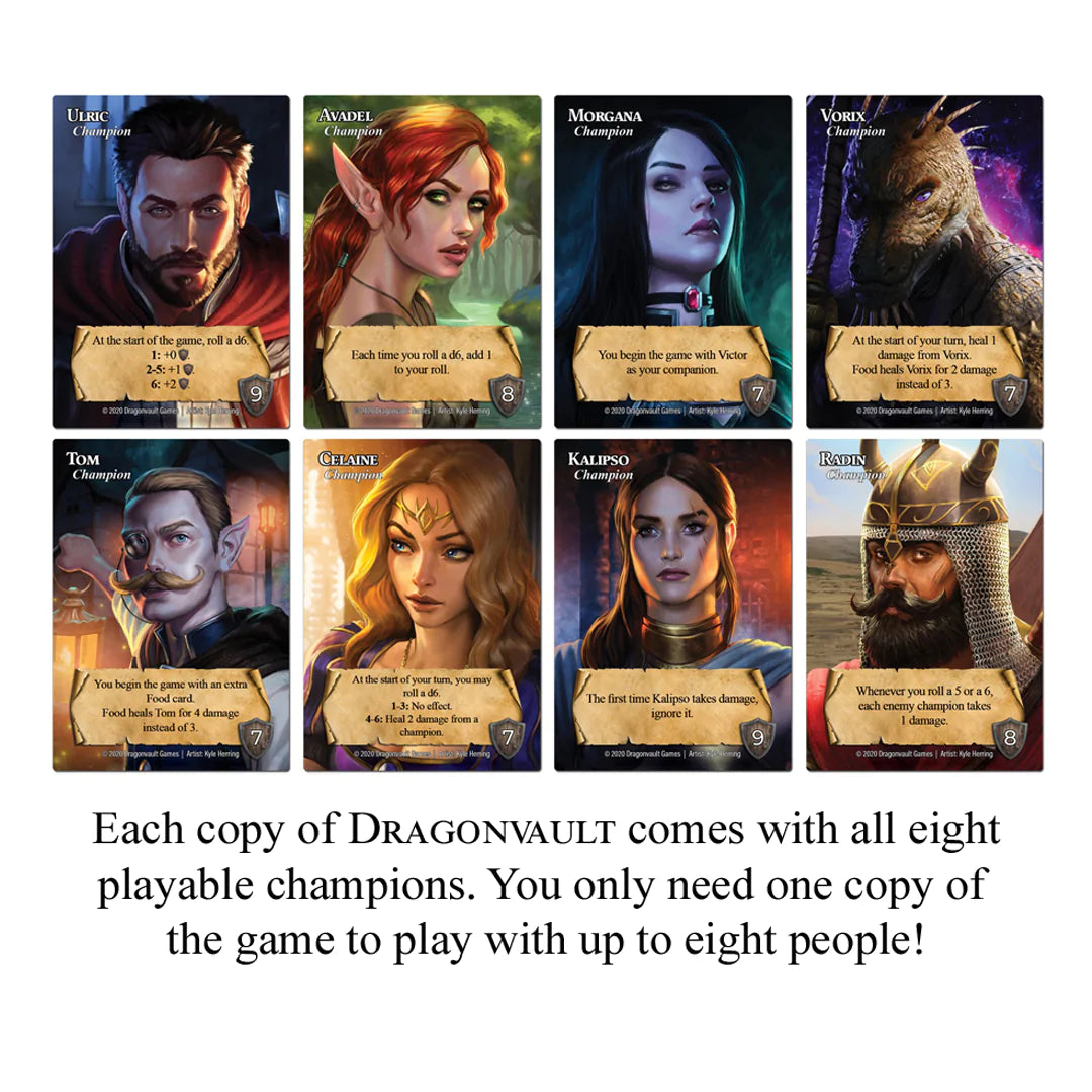 Dragonvault: Original Game - Set of eight Dragonvault game cards featuring illustrated fantasy champions with names and unique abilities on.
