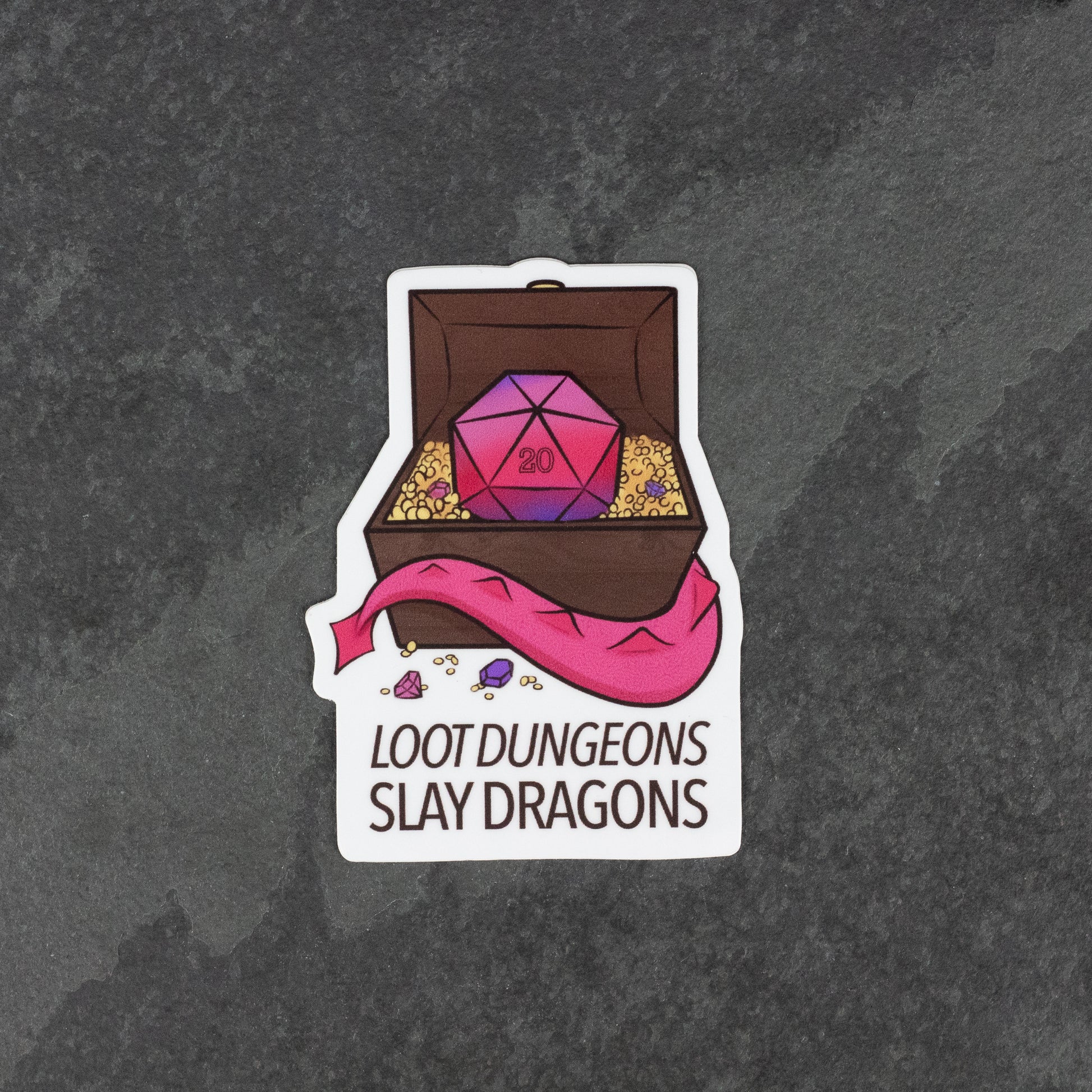 Loot Dungeons Slay Dragons DnD Sticker - Sticker of a 20-sided pink dice in a wooden chest with gold coins and a pink dragon tail, text "Loot Dungeons Slay Dragons".
