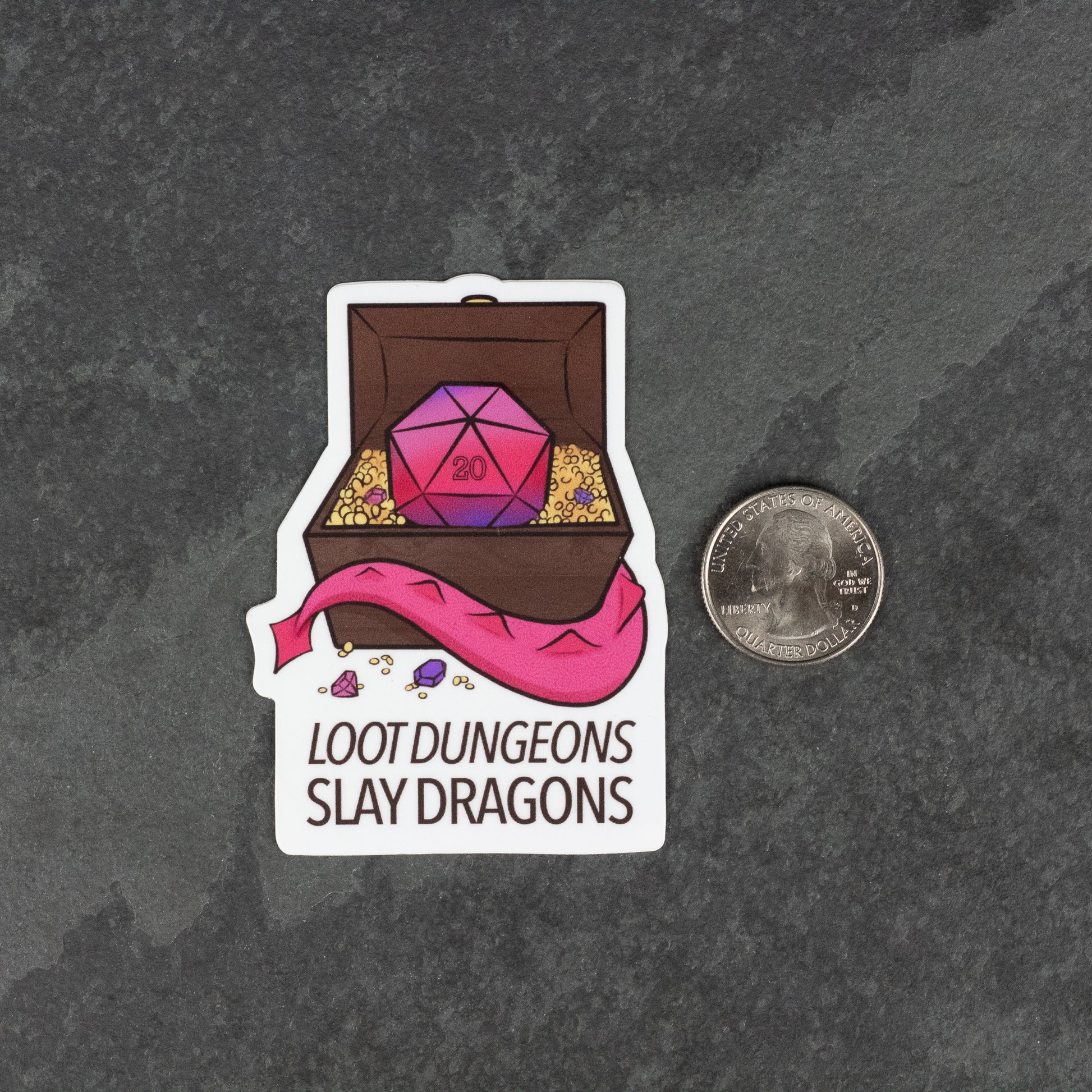 Loot Dungeons Slay Dragons DnD Sticker - Sticker with a pink 20-sided die inside a brown treasure chest filled with gold coins and the text "Loot Dungeons Slay.
