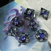 Purple Beholder's Eye Dice Set - Set of seven sharp-edged polyhedral dice with purple liquid core and silver numbers on a fantasy-themed background.