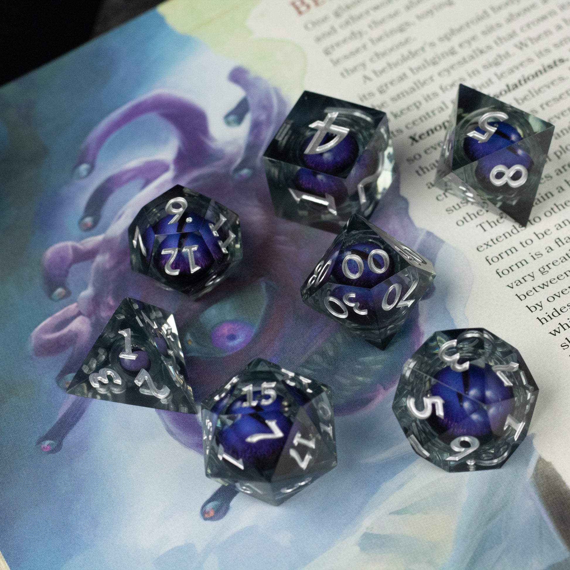 Purple Beholder's Eye Dice Set - Set of seven sharp-edged polyhedral dice with purple liquid core and silver numbers on a fantasy-themed background.