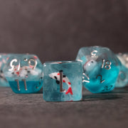 Koi Fish Dice Set - Turquoise translucent dice set with white and red koi fish inside and white numbers.