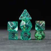 Teal Foil Dice Set - Teal foil polyhedral dice set with black numbers, including d20, d12, d10, d8, d6, and d4.