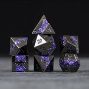 Purple Rift Dice Set - Metal purple and black seven-piece RPG dice set with crystalline textures and silver numbering.