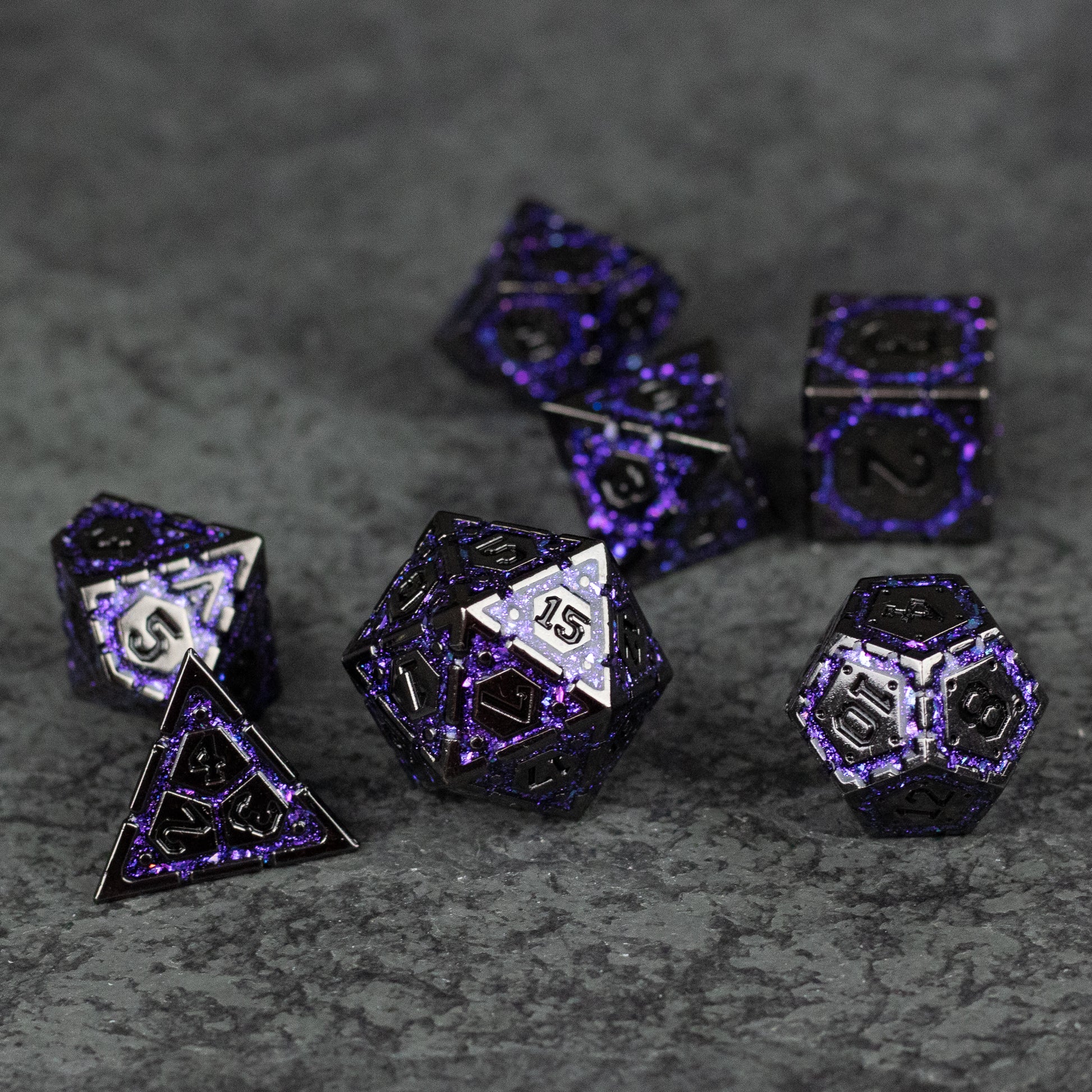 Purple Arcane Ward Dice Set - Metallic purple polyhedral dice set with black etched numbers, featuring d20, d12, d10, d8, d6, and d4 shapes.