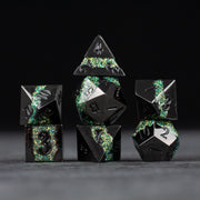 Light Green Rift Dice Set - Set of black metal polyhedral dice with glowing green rift-like veins, ideal for tabletop games.